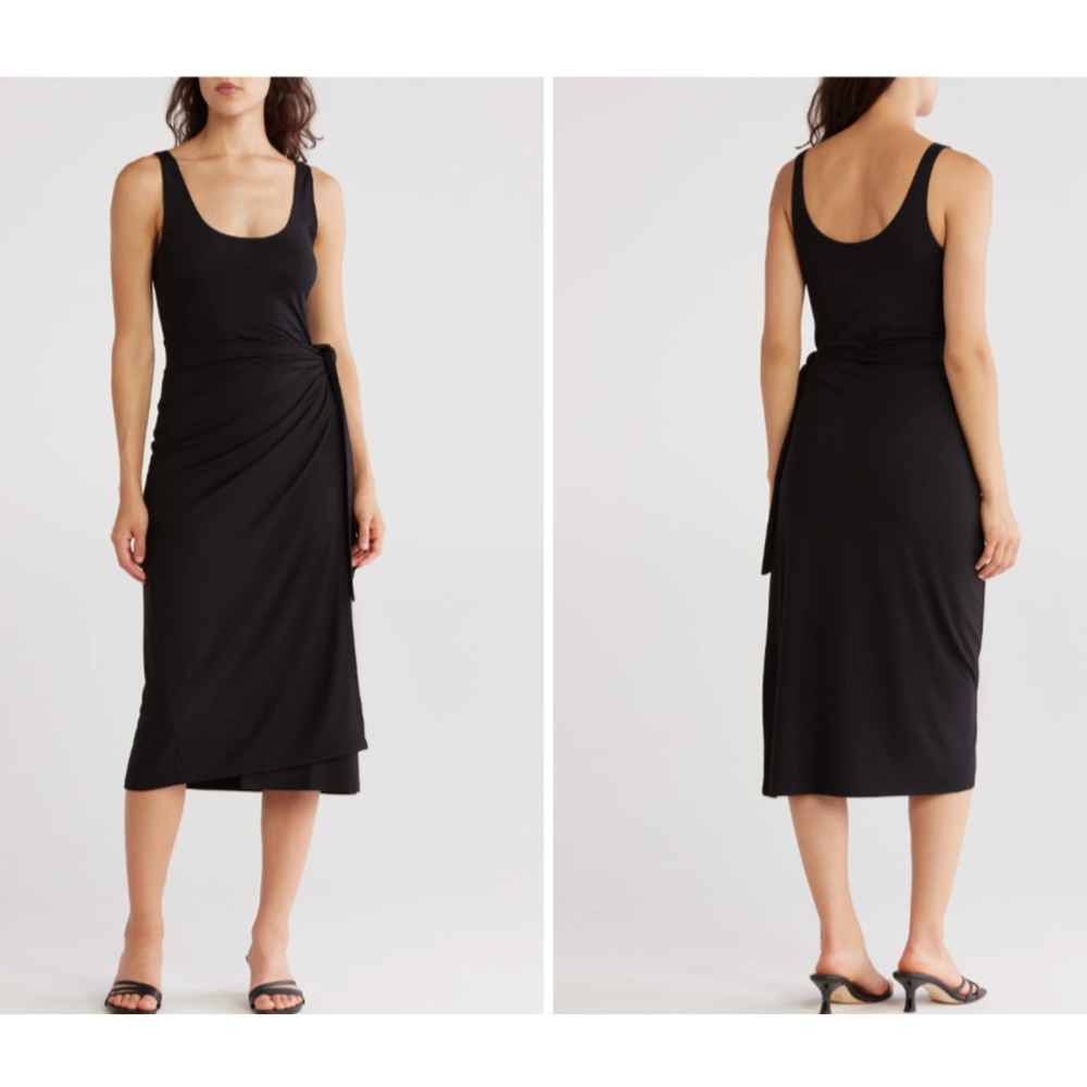 New VINCE Scoop Neck Wrap Tank Dress Midi Cotton‎ Black Size Small